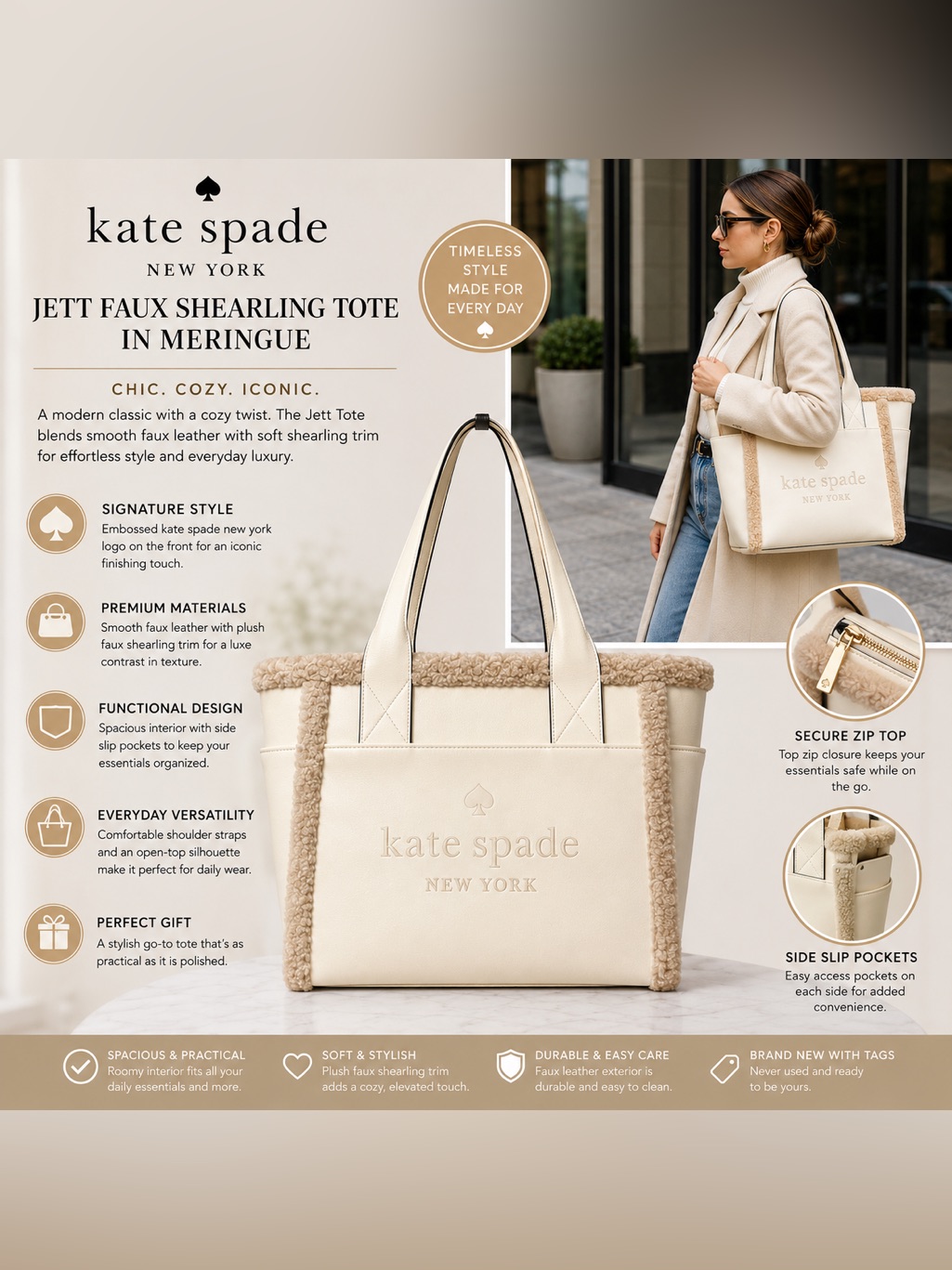 Kate Spade New York Jett Faux Shearling Tote In Meringue Large New With Tags